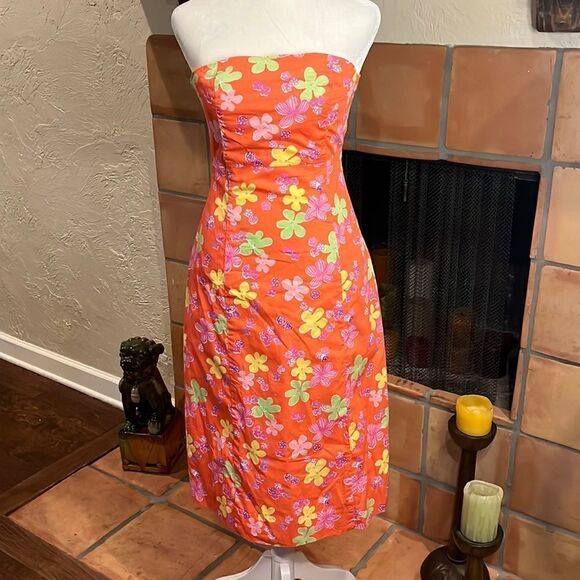 Vintage Lilly Pulitzer Garnichuri Orange Floral Strapless Dress, size 2! - Picture 1 of 11